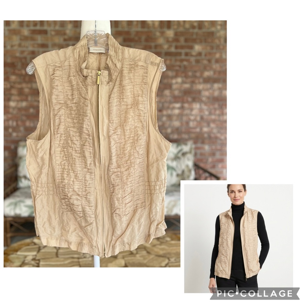 Chico’s Vest Tan Gold Crinkled Lightweight Full Zip Vest XL Quiet Luxury Chic